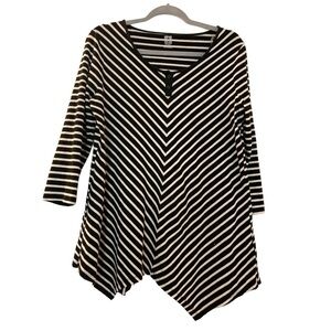 Anne Klein Sport tunic top, cotton, L, black and white stripe, assymetrical.